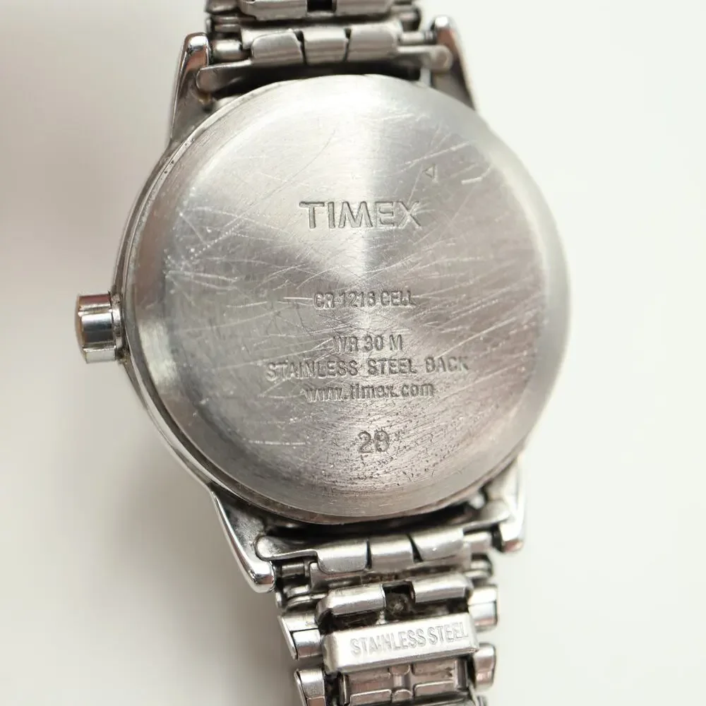 Timex Indiglo Date Silver Tone Women 25mm Watch Metal Stretch Band w New Battery